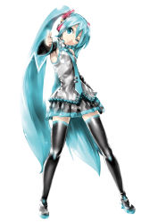 Rule 34 | 1girl, absurdres, aqua eyes, aqua hair, boots, detached sleeves, hatsune miku, highres, kei (keigarou), long hair, necktie, official art, one eye closed, simple background, skirt, smile, solo, standing, thigh boots, thighhighs, twintails, very long hair, vocaloid, white background, wink