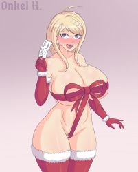 Rule 34 | 1girl, absurdres, ahoge, akamatsu kaede, armpits, blonde hair, blush, bound, bow, breasts, christmas, cleavage, collarbone, danganronpa (series), danganronpa v3: killing harmony, elbow gloves, english text, eyelashes, fortissimo, gift, gloves, gradient background, hair ornament, highres, holding, holding paper, large breasts, legs, musical note, musical note hair ornament, onkelhhh, open mouth, paper, pink background, pubic hair, pubic hair peek, purple eyes, red bow, red footwear, red gloves, red ribbon, red thighhighs, ribbon, shiny clothes, shiny skin, simple background, standing, stomach, teeth, thighhighs, thighs together, tied up, tongue, upper teeth only, white background, wide hips, wrapped up