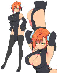 Rule 34 | 1girl, adapted costume, arched back, armpits, ass, bare shoulders, black thighhighs, blush, breasts, cleavage, closed mouth, detached sleeves, eroe, from above, full body, gakuran, green eyes, hair bun, hands on own hips, highres, igarashi kyou (eroe), large breasts, looking at viewer, multiple views, orange hair, original, pelvic curtain, school uniform, short hair, simple background, single hair bun, standing, thighhighs, white background