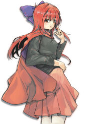 Rule 34 | 1girl, alternate hair length, alternate hairstyle, black shirt, bow, commentary, ginnkei, hair bow, highres, long hair, long sleeves, looking at viewer, parted lips, purple bow, red eyes, red hair, red skirt, sekibanki, shirt, simple background, skirt, solo, touhou, white background