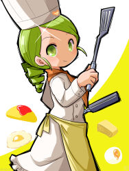 Rule 34 | 1girl, alternate costume, apron, blush, buttons, chef, chef hat, closed mouth, coat, commentary request, cowboy shot, drill hair, food, fried egg, green eyes, green hair, hat, highres, holding, holding spatula, itini-sanshi, kanaria, long sleeves, looking at viewer, looking to the side, medium bangs, medium hair, neckerchief, omelet, orange neckerchief, rozen maiden, smile, softboiled egg, solo, sparkle, spatula, swept bangs, tamagoyaki, twin drills, waist apron, white coat, yellow apron