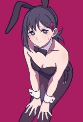 Rule 34 | 1girl, alternate costume, animal ears, asymmetrical hair, bare shoulders, black bow, black eyes, black hair, black leotard, black pantyhose, bow, bowtie, breasts, chainsaw man, cleavage, closed mouth, collarbone, commentary request, detached collar, fake animal ears, hair ornament, hairclip, higashiyama kobeni, highres, kashiwa (iersansi), leotard, looking at viewer, mole, mole under eye, mole under mouth, nervous, pantyhose, playboy bunny, ponytail, purple background, rabbit ears, short hair, short ponytail, simple background, small breasts, solo, strapless, strapless leotard, sweatdrop, wrist cuffs