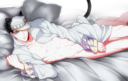 Rule 34 | 1boy, bad id, bad pixiv id, bed, black hair, blue eyes, covering privates, covering crotch, hat, haze00, jacket, jojo no kimyou na bouken, kuujou joutarou, long coat, looking at viewer, male focus, no pants, open clothes, open jacket, pillow, solo