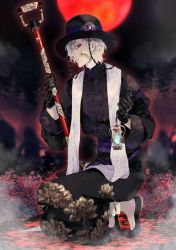 Rule 34 | 1boy, black footwear, black gloves, black hat, chinese clothes, closed mouth, eyes visible through hair, floral print, flower, fog, fu yukari, gem, glint, gloves, glowing, hat, highres, holding, holding lantern, holding shovel, identity v, lantern, male focus, moon, outdoors, red eyes, red flower, red moon, shovel, solo, squatting, talisman, tree, white hair