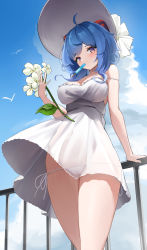 Rule 34 | 1girl, absurdres, ahoge, berserker r, bird, blue hair, blue sky, blush, bow, breasts, cameltoe, cloud, covered navel, dress, flower, food in mouth, frills, ganyu (genshin impact), genshin impact, hand on railing, hat, hat bow, highres, holding, holding flower, horns, large breasts, legs, long hair, looking at viewer, no nose, panties, popsicle, popsicle in mouth, purple eyes, qingxin flower, railing, see-through, see-through dress, short dress, sidelocks, sky, solo, strap slip, sun hat, thighs, underwear, white dress, white panties, wind, wind lift