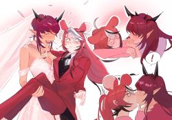 Rule 34 | 2girls, absurdres, animal ears, black hair, blue eyes, bride, carrying, dress, elisbian, formal, glasses, groom, hakos baelz, highres, hololive, hololive english, horns, irys (hololive), kiss, long hair, mouse ears, mouse girl, mouse tail, multicolored hair, multiple girls, pointy ears, princess carry, red hair, sleeping, streaked hair, tail, virtual youtuber, wedding dress, white hair, yuri