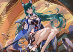 Rule 34 | animal ear fluff, animal ears, bare shoulders, black footwear, blush, breasts, cleavage, cleavage cutout, clothing cutout, commentary, english commentary, fox ears, fox girl, green hair, hair between eyes, hair ornament, highres, honkai: star rail, honkai (series), large breasts, legs, long hair, looking at viewer, lunacle, open hand, outdoors, parted lips, purple eyes, sitting, smile, solo, yukong (honkai: star rail)