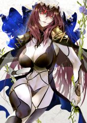 Rule 34 | 1girl, alternate color, armor, bodysuit, breasts, fate/grand order, fate (series), flower, gae bolg (fate), holding, holding weapon, large breasts, long hair, parted lips, pauldrons, plant, polearm, purple hair, pvc parfait, red eyes, rose, scathach (fate), scathach (fate), shoulder armor, smile, solo, spear, veil, vines, weapon
