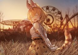 Rule 34 | 10s, 1girl, :d, ^ ^, amusement park, animal ears, arms behind back, bare shoulders, blonde hair, blush, bow, bowtie, breasts, chain-link fence, closed eyes, cowboy shot, elbow gloves, facing viewer, fence, ferris wheel, field, from side, gloves, grass, happy, high-waist skirt, kemono friends, koruse, lens flare, looking back, open mouth, outdoors, own hands together, roller coaster, serval (kemono friends), serval print, serval tail, short hair, skirt, sky, sleeveless, smile, solo, sunset, tail, tree, v arms, |d