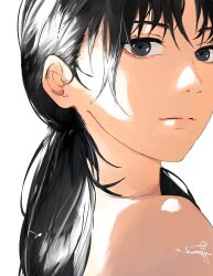 Rule 34 | absurdres, bare shoulders, black eyes, black hair, chainsaw man, expressionless, highres, kumah dessu, long hair, looking at viewer, looking back, low twintails, mitaka asa, simple background, twintails, white background