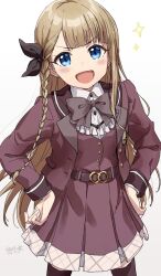 Rule 34 | 1girl, :d, ayano yuu (sonma 1426), belt, black bow, blonde hair, blue eyes, blush, bow, bowtie, braided sidelock, brown bow, brown bowtie, buttons, collared shirt, cowboy shot, cropped jacket, hair bow, hands on own hips, highres, idoly pride, jacket, legs apart, long bangs, long hair, long sleeves, looking at viewer, narumiya suzu, open clothes, open jacket, open mouth, pleated skirt, red jacket, red skirt, shirt, sidelocks, signature, simple background, skirt, sleeve cuffs, smile, solo, sparkle, straight-on, v-shaped eyebrows, white background, white shirt, wispy bangs