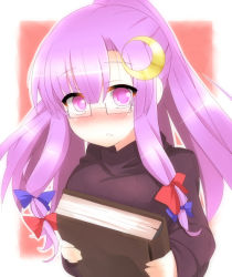 Rule 34 | 1girl, bad id, bad pixiv id, bespectacled, blush, book, crescent, crescent hair ornament, female focus, glasses, hair ornament, long hair, patchouli knowledge, pink eyes, pink hair, ryuji (ikeriu), solo, sweater, touhou