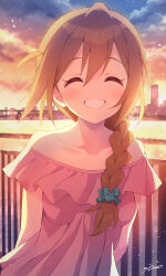 Rule 34 | 1girl, ^ ^, aqua scrunchie, arms behind back, artist name, baba konomi, bare shoulders, braid, breasts, bridge, brown hair, building, city, closed eyes, cloud, collarbone, commentary, dot nose, facing viewer, fence, frilled shirt, frills, gradient sky, grin, hair between eyes, hair ornament, hair scrunchie, highres, idolmaster, idolmaster million live!, ima (lm ew), light blush, long hair, off-shoulder shirt, off shoulder, pink shirt, river, scrunchie, shirt, side ahoge, sidelocks, signature, sky, skyline, small breasts, smile, solo, sunlight, sunset, upper body