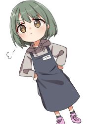 Rule 34 | 1girl, apron, blue apron, chibi, dutch angle, expressionless, green hair, grey hoodie, hands on own hips, highres, hood, hoodie, idolmaster, idolmaster shiny colors, looking at viewer, looking down, name tag, nanakusa nichika, pocchari, short hair, sigh, simple background, solo, white background