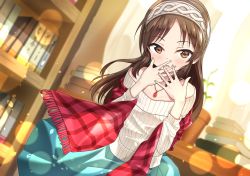 Rule 34 | 1girl, 5553pp, absurdres, bad id, bad pixiv id, bare shoulders, blue skirt, blush, book, book stack, bookshelf, brown eyes, brown hair, covering own mouth, dutch angle, gem, hairband, highres, idolmaster, idolmaster cinderella girls, indoors, jewelry, long hair, long sleeves, looking at viewer, necklace, off-shoulder, off-shoulder sweater, off shoulder, open mouth, plaid, plaid scarf, red scarf, ribbed sweater, scarf, skirt, solo, sweater, tachibana arisu, white hairband, white sweater, wind