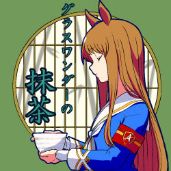 Rule 34 | 1girl, animal ears, armband, bamboo, blue jacket, brown hair, character name, closed eyes, closed mouth, commentary, cup, from side, grass wonder (umamusume), green tea, holding, holding cup, horse ears, horse girl, jacket, long hair, long sleeves, maharu66, neckerchief, red armband, round window, sailor collar, solo, tea, translated, umamusume, upper body, white neckerchief, white sailor collar, window, yunomi