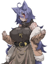 Rule 34 | 1girl, absurdres, ahoge, animal ear fluff, animal ears, bare shoulders, belt, blue hair, brown jacket, clenched hands, closed mouth, covered erect nipples, facial mark, fur jacket, grey background, hair between eyes, highres, huu (mohujirou1811), jacket, jewelry, long hair, necklace, open clothes, open jacket, original, red eyes, shoulder tattoo, simple background, sleeves past wrists, solo, tattoo, turtleneck, very long hair