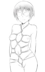 Rule 34 | 1girl, arms behind back, bdsm, blush, bondage, bound, breasts, eini a lukkanen, em (totsuzen no hakike), glasses, greyscale, monochrome, navel, nipples, rope, shibari, short hair, simple background, small breasts, smile, solo, strike witches, white background, world witches series