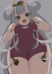 Rule 34 | 1girl, :d, bad id, bad pixiv id, bare arms, bare shoulders, blush, breasts, brown eyes, china dress, chinese clothes, commentary request, covered navel, dress, fingers to cheeks, from below, grey background, grey hair, highres, horns, long hair, looking at viewer, looking away, medium breasts, ofuda, oni, oni horns, open mouth, original, paryi, red dress, simple background, sleeveless, sleeveless dress, smile, solo, standing, very long hair