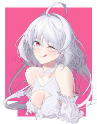Rule 34 | 1girl, ahoge, bare shoulders, bikini, blush, breasts, cleavage, collarbone, eyes visible through hair, fate/grand order, fate/prototype, fate (series), lady avalon (fate), lady avalon (second ascension) (fate), long hair, looking at viewer, medium breasts, merlin (fate/prototype), n.e (sakura-233), one eye closed, purple eyes, smile, solo, swimsuit, very long hair, white bikini, white hair