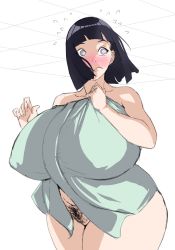Rule 34 | 1girl, :o, black hair, blush, bracelet, breasts, byakugan, clothes, completely nude, embarrassed, female focus, female pubic hair, highres, huge breasts, hyuuga hinata, jewelry, long hair, looking at viewer, naked towel, naruto (series), naruto shippuuden, nude, plump, pubic hair, simple background, smile, solo, speech bubble, thick thighs, thighs, towel, ultivlad, white background