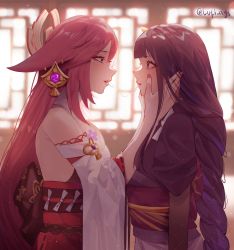Rule 34 | 2girls, absurdres, after kiss, artist name, assertive female, bare shoulders, blunt bangs, blush, bow, bowtie, braid, eye contact, face-to-face, from side, genshin impact, hair ornament, hands on another&#039;s face, highres, huge filesize, japanese clothes, kimono, long hair, looking at another, lufi ays, miko, multiple girls, nail polish, open mouth, pink hair, purple eyes, purple hair, raiden shogun, saliva, saliva trail, wide sleeves, yae miko, yukata, yuri