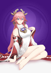 Rule 34 | 1girl, absurdres, animal ears, anklet, armpits, artist request, bare shoulders, barefoot, breasts, clenched hand, collarbone, detached sleeves, earrings, eyelashes, feet, feet together, female focus, fox ears, full body, genshin impact, hair between eyes, hair ornament, hand on ground, hand on own chest, hand up, high collar, highres, japanese clothes, jewelry, kimono, kitsune, large breasts, legs, legs together, long hair, mihoyo, miko, multicolored clothes, multicolored kimono, nail polish, necklace, no bra, no panties, outdoors, pale skin, pink eyes, pink hair, pink nails, pink toenails, purple background, short kimono, sitting, sleeveless, sleeveless kimono, soles, thighs, toenail polish, toenails, toes, tomoe (symbol), traditional clothes, vision (genshin impact), wide sleeves, yae miko, yokozuwari
