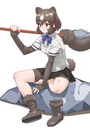 Rule 34 | 1girl, absurdres, animal ears, arm support, bare legs, barefoot, bear ears, bear girl, paw stick, bear tail, bike shorts, black hair, boots, bow, bowtie, brown bear (kemono friends), brown eyes, closed mouth, collared shirt, elbow gloves, extra ears, fingerless gloves, full body, gloves, hair between eyes, hand up, highres, holding, holding weapon, kemono friends, looking afar, medium hair, microskirt, multicolored hair, outstretched arm, over shoulder, pleated skirt, shirt, short sleeves, shorts, shorts under skirt, sidelocks, simple background, single boot, sitting, skirt, smile, solo, tail, tanabe (fueisei), toes, two-tone hair, unworn boots, weapon, weapon over shoulder, white background, white hair, wing collar