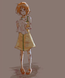 Rule 34 | 1girl, aged down, bad id, bad pixiv id, child, dirty, dress, full body, nami (one piece), nashimo (drz n), one piece, orange hair, sandals, solo, standing, tears