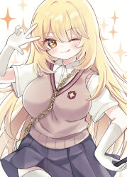 Rule 34 | 1girl, ;q, absurdres, arm up, bag, blonde hair, blush, breasts, brown eyes, closed mouth, collared shirt, commentary request, dress shirt, elbow gloves, gloves, grey skirt, hair between eyes, highres, large breasts, long hair, ni kiro, one eye closed, pleated skirt, school uniform, shirt, shokuhou misaki, short sleeves, shoulder bag, simple background, skirt, smile, solo, sparkle background, sparkling eyes, sweater vest, thighhighs, toaru kagaku no railgun, toaru majutsu no index, tongue, tongue out, very long hair, white background, white gloves, white shirt, white thighhighs