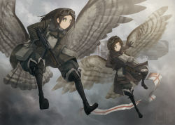 Rule 34 | 2girls, aircraft, artist name, asterisk kome, bird wings, black coat, black eyes, black footwear, black gloves, black hair, boots, closed mouth, cloud, coat, day, dirigible, flying, fog, frown, gloves, goggles, goggles on head, grey pants, grey sky, gun, holding, holding gun, holding weapon, jacket, knee boots, leather, leather jacket, long hair, long sleeves, looking to the side, low wings, machine gun, multiple girls, pants, parachute, pennant, pouch, short hair, sky, trigger discipline, weapon, weapon request, winged fusiliers, wings, yellow eyes