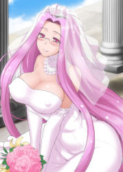 Rule 34 | 1girl, bare shoulders, blush, bouquet, breasts, bridal gauntlets, covered erect nipples, dress, elbow gloves, fate/stay night, fate (series), flower, glasses, gloves, large breasts, long hair, medusa (fate), medusa (rider) (fate), purple eyes, purple hair, shiny skin, siseru samurai, smile, solo, square pupils, tears, veil, wedding dress, white gloves