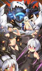 Rule 34 | 5girls, abyssal ship, animal ears, armband, armpits, asymmetrical gloves, bad id, bad pixiv id, bare shoulders, battle cruiser kappa class, black dress, black legwear, blue eyes, blue gloves, blue tongue, bob cut, breasts, cannon, ccq, chaps, collar, colored tongue, crop top, demon, dress, elbow gloves, energy, eyepatch, fake animal ears, flagship nu class, flat chest, gloves, grin, half gloves, headgear, heavy cruiser iota class, highres, light carrier xi class, long hair, looking at viewer, looking back, looking to the side, machinery, midriff, multiple girls, navel, nipples, pachina (warship girls r), panties, purple eyes, short hair, single glove, single thighhigh, sitting, small breasts, smile, spiked collar, spikes, striped legwear, teeth, thighhighs, thighs, tongue, tongue out, twintails, underboob, underwear, underwear only, uneven gloves, very long hair, warship girls r, white hair, yellow eyes