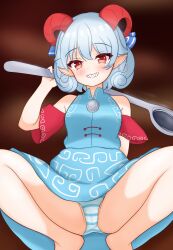 Rule 34 | 1girl, :d, arm up, arms behind back, bare legs, bare shoulders, barefoot, blue dress, blush, breasts, cameltoe, curly hair, detached sleeves, dress, feet out of frame, grey hair, grin, highres, holding, holding spoon, horizontal pupils, horn ornament, horn ribbon, horns, kasoka soka, looking at viewer, open mouth, panties, pointy ears, red eyes, ribbon, short hair, short sleeves, small breasts, smile, solo, spoon, squatting, striped clothes, striped panties, tiptoes, touhou, toutetsu yuuma, underwear, upskirt
