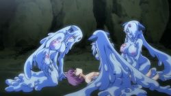 Rule 34 | 1boy, 3girls, age difference, ass, blue eyes, blue skin, breasts, colored skin, dual persona, erubetie, group sex, happy, heart, large breasts, luka (mon-musu quest!), mon-musu quest!, monster, monster girl, multiple girls, purple hair, screencap, slime girl, smile, stitched, tattoo, third-party edit, wet