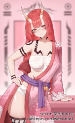 Rule 34 | 1girl, bandages, black nails, blurry, blurry background, blush, breasts, character request, chest sarashi, cleavage, commentary, commission, copyright request, cowboy shot, facial mark, floral print, hand on own hip, head tilt, highres, horn ornament, horn ring, horns, japanese clothes, kimono, lace-trimmed shorts, lace trim, large breasts, long hair, long sleeves, looking at viewer, midriff, nail polish, obi, pink background, pink eyes, pink hair, pink kimono, purple sash, sarashi, sash, scar, scar on face, scar on nose, secon, short shorts, shorts, single bare shoulder, smile, solo, standing, strapless, tattoo, thighs, tube top, very long hair, whisker markings, white shorts