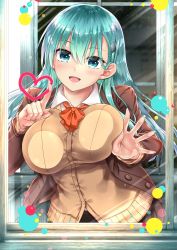 Rule 34 | 1girl, against glass, akizuki akina, aqua eyes, aqua hair, blush, bow, bowtie, breasts, brown cardigan, brown jacket, cardigan, collared shirt, hair ornament, hairclip, heart, highres, indoors, jacket, kantai collection, large breasts, long hair, looking at viewer, open cardigan, open clothes, open mouth, remodel (kantai collection), school uniform, shirt, skirt, smile, solo, suzuya (kancolle), vest, white shirt
