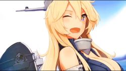 Rule 34 | + +, 10s, 1girl, artist request, bare shoulders, blonde hair, breasts, cleavage, iowa (kancolle), jpeg artifacts, kantai collection, large breasts, long hair, looking at viewer, md5 mismatch, official art, one eye closed, open mouth, shirt, shizuma yoshinori, sleeveless, sleeveless shirt, smile, solo, star-shaped pupils, star (symbol), symbol-shaped pupils, upper body
