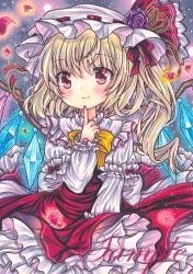 Rule 34 | 1girl, :3, adapted costume, blonde hair, blush, bow, bowtie, closed mouth, cowboy shot, dress, finger to mouth, flandre scarlet, flower, frilled shirt collar, frills, hair between eyes, hat, hat flower, heart, index finger raised, juliet sleeves, long sleeves, looking at viewer, marker (medium), medium hair, mob cap, puffy sleeves, purple background, purple flower, rainbow order, red dress, red eyes, red ribbon, ribbon, ribbon-trimmed headwear, ribbon trim, rui (sugar3), sample watermark, side ponytail, solo, touhou, traditional media, watermark, white hat, wings, yellow bow, yellow bowtie
