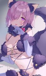Rule 34 | 1girl, animal ears, bare shoulders, blush, breasts, cleavage, elbow gloves, fate/grand order, fate (series), fur-trimmed gloves, fur-trimmed legwear, fur collar, fur trim, gloves, hair over one eye, halloween costume, highres, kuroki (ma-na-tu), large breasts, light purple hair, looking at viewer, mash kyrielight, mash kyrielight (dangerous beast), o-ring, official alternate costume, purple eyes, purple gloves, purple thighhighs, revealing clothes, short hair, smile, tail, thighhighs, wolf ears, wolf tail