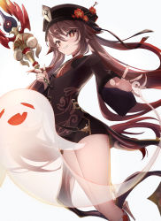 Rule 34 | 1girl, absurdres, black hat, black nails, brown dress, brown eyes, brown hair, dress, fingernails, flower, flower-shaped pupils, genshin impact, ghost, hair between eyes, hat, higashigure, highres, holding, holding staff, hu tao (genshin impact), jewelry, long hair, long sleeves, looking at viewer, nail polish, plum blossoms, ring, simple background, solo, staff, staff of homa (genshin impact), standing, symbol-shaped pupils, thighs, very long hair, white background