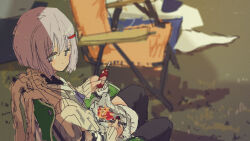 1girl :t a.i._voice black_thighhighs black_undershirt blurry blurry_background blush bob_cut bottle brown_cardigan camping_chair cardigan closed_mouth commentary_request day eating feet_out_of_frame foil food fork from_side grass grey_eyes grey_shirt hair_ornament hairclip highres holding holding_bottle holding_fork kabuyama_kaigi long_sleeves looking_at_viewer looking_to_the_side on_chair outdoors purple_hair sailor_collar school_uniform serafuku shirt short_hair sitting solo tabasco thighhighs voiceroid white_sailor_collar yuzuki_yukari yuzuki_yukari_(shizuku)