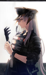 Rule 34 | 1girl, adjusting clothes, adjusting gloves, arknights, black hat, breasts, bulletproof vest, commentary request, dragon girl, dragon horns, expressionless, facing to the side, from side, gloves, hat, highres, horns, long hair, looking afar, medium breasts, official alternate costume, orange eyes, police, police hat, police uniform, profile, saria (arknights), saria (the law) (arknights), shimasato, silver hair, simple background, single glove, sitting, sleeves rolled up, solo, tactical clothes, uniform, upper body, walkie-talkie, white background