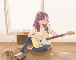 Rule 34 | 1girl, absurdres, amplifier, astuffds, backlighting, brown hair, cable, closed eyes, closed mouth, commentary request, denim, electric guitar, guitar, hair down, highres, holding, holding instrument, instrument, jeans, light rays, music, on floor, pants, parted bangs, pedal (instrument), playing instrument, plectrum, shirai kuroko, shirt, signature, sleeves rolled up, solo, sunbeam, sunlight, toaru kagaku no railgun, toaru majutsu no index, wavy hair, window, yellow shirt