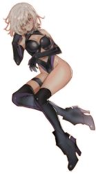 Rule 34 | 1girl, arutera, black gloves, black thighhighs, boots, breasts, cleavage, cleavage cutout, clothing cutout, elbow gloves, fate/grand order, fate (series), full body, gloves, hair over one eye, high heel boots, high heels, highleg, highleg leotard, highres, large breasts, leotard, lying, mash kyrielight, navel, navel cutout, parted lips, purple eyes, silver hair, simple background, solo, thigh boots, thigh strap, thighhighs, white background