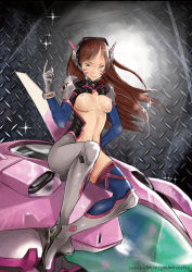 Rule 34 | 1girl, absurdres, armor, artist name, ass, bodysuit, boots, breasts, brown eyes, brown hair, d.va (overwatch), facebook, facial mark, full body, gloves, gun, handgun, headphones, highres, holding, holding gun, holding weapon, long hair, looking at viewer, mecha, meka (overwatch), mirco gravina, navel, nipples, overwatch, overwatch 1, patreon, patreon username, pilot suit, robot, sitting, small breasts, smile, solo, sparkle, standing, swept bangs, thigh boots, thighhighs, uncensored, watermark, weapon, web address, whisker markings, white footwear, white gloves, white thighhighs
