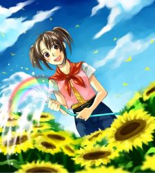 Rule 34 | 1girl, artist request, brown hair, female focus, flower, harvest moon, hose, looking at viewer, lowres, nature, open mouth, outdoors, sky, smile, solo, sunflower, tagme, tina (bokujou monogatari)