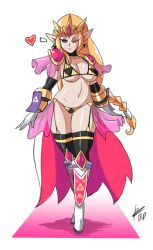 Rule 34 | 1girl, ;), alternate costume, armor, bigdead, bikini, black thighhighs, blonde hair, blue eyes, boots, breasts, choker, commentary, covered erect nipples, crossed legs, curvy, detached sleeves, earrings, eyebrows, eyeshadow, female focus, forehead jewel, full body, garter straps, gloves, highres, hyrule warriors, jewelry, knee boots, knee pads, large breasts, lips, long hair, makeup, nintendo, one eye closed, pauldrons, pointy ears, princess zelda, princess zelda (gashi-gashi), shoulder armor, showgirl skirt, smile, solo, standing, swimsuit, the legend of zelda, thick eyebrows, thighhighs, thighs, tiara, triforce, underboob, very long hair, white gloves