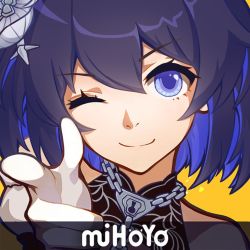Rule 34 | 1girl, bare shoulders, blue eyes, blue hair, close-up, closed mouth, company name, hair between eyes, hair ornament, honkai (series), honkai impact 3rd, index finger raised, nalukikiki, one eye closed, parody, pointing, pointing at viewer, portrait, seele vollerei, seele vollerei (stygian nymph), short hair, simple background, smile, solo, yellow background