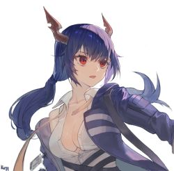 Rule 34 | 1girl, arknights, blue hair, breasts, ch&#039;en (arknights), dragon horns, horns, id card, jacket, koharu1807, long hair, low-tied long hair, oni horns, open clothes, open mouth, red eyes, shirt, simple background, solo, white background, yellow neckwear